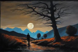 Trees, night, mountains, one person, 2000's sci-fi movies influence, ludwig dettman and willem maris impressionism painting