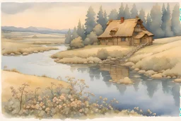 Rest for your soul. calm environment. impressionism, watercolor by Ivan Bilibin, muted color, cold tones. Beautiful, fantastic view, ultra realistic lighting of the "Golden Hour". A Stream, A Farm. wildflowers, a small house and trees. The sky is blue, with cumulus clouds. In the style of Cicely Mary Barker, highly detailed, extremely detailed