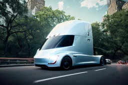 A Tesla 'Semi' (semi truck) is going at a high speed, in 'Central Park' in New York City. (CINEMATIC, WIDE ANGLE LENS, PHOTO REAL)