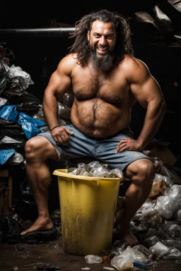 full figure shot photography of an angry dirty wet sweat strong hairy big short beefy burly ,39 years old ugly smiling arab , big nose, bull neck, short beard, dreadlocks, shirtless, manly chest, big belly, bulging shorts, emotive eyes , sitted on a chair relaxed ,belly up ,open legs, on a pile of garbage, angry eyes, big shoulders, side light, top view, aerial view