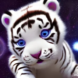 total shot birdseye view of a full figure pixar cute little white tiger cub, playing in the middle of a galaxy full of planets and stars, happy, by pixar, wideangle, total shot, wideangle , trending on artstation, sharp focus, studio photo, intricate details, highly detailed, by greg rutkowski