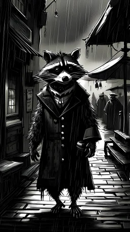 primer plano de frente, de un mapache, con galera, traje y sobre todo negro, terrorífico, en un día lluvioso, melancólico, en ambiente misterioso de londres de 1800