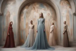 Fra Angelico mural building Art Azzedine Alaia-Emily Riggs Tolkien Westeros Art fashion pop StarWars Velvet jelly translucent surreal Avant-Garde Gown, Otherworldly, HD faces youngs Beautiful girls, 8K, vintage