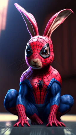 spiderman color theme, cute rabbit, ultra realistic, 4k, ultra detail, full body, perfect