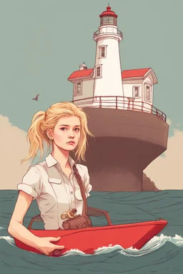 23 years old girl, with blond hair and a messy bun like selah sue. standing on in a red boat, wearing red clothes and holding binoculars watching something in the middle of the sea. She is standing on a lighthouse. You see the gril in front. It's a ferry. Wes anderson style. In front. Sarcastic vibe.