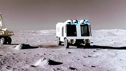 A police Tesla Cybertruck is chasing a Tesla 'Model S Plaid' at top speed on the Moon, by the landing site of the 'Apollo 11'. CINEMATIC. WIDE ANGLE LENS.