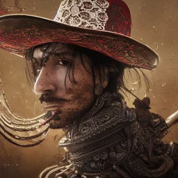 Insanely detailed photograph of an “portrait of a midevil cowboy ” with intricate Sombrero, intricate embroidered charo, beautiful clear face and hyperdetailed painting by Ismail Inceoglu Huang Guangjian and Dan Witz CGSociety ZBrush Central fantasy art album cover art,8K, hdr, romantic, mysterious, ominous, cigar smoke, jewelry, comfort, natural eyes,naked,tasteful