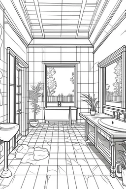 Outline art, house interior design, bathroom, no shading, no lines, cartoon style, --ar 9:11