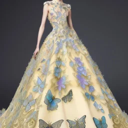 stunning couture gown designed by Marchesa inspired by butterflies, realistic, detailed, high quality, intricate, dreamlike background