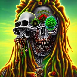 Corps entier Zombie rastafary iron maiden feuille cannabis, yeux rouges, bandeau couleur rasta,4k, couleur chaudes, plage et explosion nucléaire en fond image