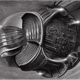 biomorphic alien space ship with lighting, foto-realistic,TG, 8k, art by HR Giger and M.C. Escher.