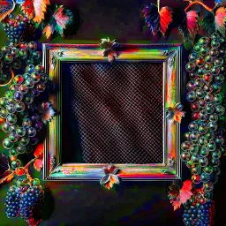 A square frame made with bunches of grapes in a black and white theme