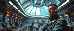 portrait of captain, in sci fi air ship waiting hall, in future dynasty
