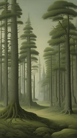 A grayish green forest with giant trees painted by Caspar David Friedrich