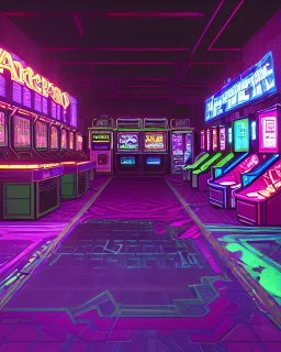 A dark photo of the corners of an 80's aesthetics arcade at night, with a lot of functioning arcade machines, a vaporwave floor and some colorful tiles in between the floor. Purple aesthetics. There are some pizza boxes over some of the arcade machines. The wall has a ticket shop who sells plushies, food and laser tag guns