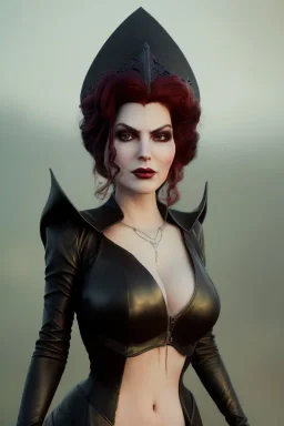 Amy Dumas as evil queen in black leather gown, evil, busty, cleavage, curvy, angry, stern look. character design by cory loftis, fenghua zhong, ryohei hase, ismail inceoglu and ruan jia. unreal engine 5, artistic lighting, highly detailed, photorealistic, fantasy