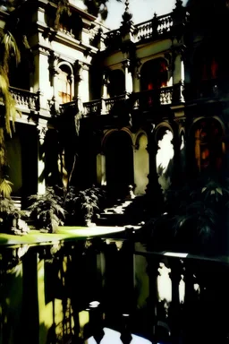 A black dark shadowy Japanese palace painted by John Singer Sargent