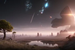 Epic space landscape with meteors in the horizon, trees, distant spaceships, and rocks foreground, 4k