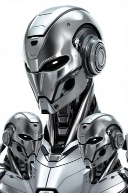 Create several images of a future advanced robot with advanced robotic and mechanical features. The head is entirely covered in shiny metal armor, and the face must remain in that position.