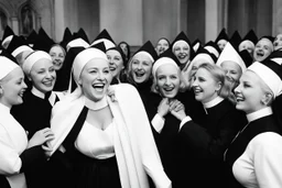 [very impressive high res masterpiece in Kodak Eastman 5247, scene by László Krasznahorkai] at her party, the blonde is surrounded by nuns, who tickle her endlessly. the gogo dancer writhes n the church, laughing as the nuns tickle her everywhere.