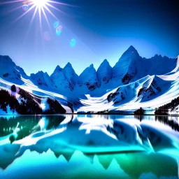 A small frozen crystal blue lake centered around snowy himalayas mountains, high resolution, realistic, beautiful, volumetric lighting, colorful, masterpiece, crystalline, strong blue color, detailed, aerial view, 8K, intricate details, cyberpunk, cosmic