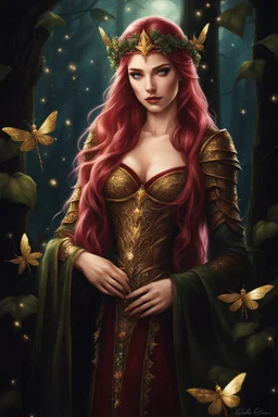 Burgundy hair, dark hair,dark red , rapunzel hair,very long hair,dark fairy princess,elven crown,night,dragonflies,beautiful,ong ashes,golden armor ,sparkle,night blooming,ivy,dark green,lilly of valley,golden elven crown,elven warrior,dark gold armor