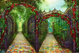 open iron gates made of colorful stained glass, covered in vines, trees, very large entry leading to a lush garden, see lot details in the garden, photo realistic 4k, nature, beautiful hand laid checkered pattern stone walkway path, trending on artstation, sharp focus, studio photo, intricate details, highly detailed, by greg rutkowski