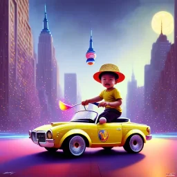 A one-year-old boy rides in the plastic funny toy-car on the middle of a busy street in new york. He has and a large-brimmed straw hat. somehow photographic bright colors and sunset, fantasy art, Anna Dittmann, digital painting, dan mumford, oil on canvas, jeff koons, akihito yoshida, wlop, kodachrome,