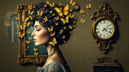 Hypnotic portrait of a woman with hair transforming into golden butterflies, antique wooden frame alive with flowering vines, room where shadows have their own color, art nouveau mirror showing past and future simultaneously, wall clock marking impossible hours, books gently floating, patterned wallpaper coming to life, García Márquez magical realism style