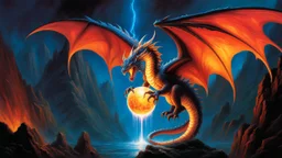 magic orb dripping with dragon fire. huge cloned wings. perfect claws. fantasy setting. concept art, intricately detailed, color depth, dramatic, colorful background. painted by Jeff Easley