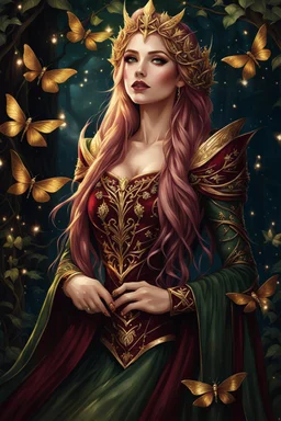 Burgundy hair, dark hair,dark red , rapunzel hair,very long hair,dark fairy princess,elven crown,night,dragonflies,beautiful,ong ashes,golden armor ,sparkle,night blooming,ivy,dark green,lilly of valley,golden elven crown,elven warrior,dark gold armor,extremely long hair