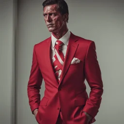 a man wearing a red suit with a red tie who is missing the skin on his face