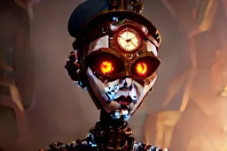 Beautiful steampunk portrait of a robot marionette in a gemstone wood mask