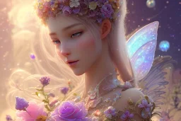 one very little beautiful fairy above one big crystal subtle flower in a galactic ambiance, transparent petals, delicate colors, in the foreground, full of details, smooth, bright sunshine，soft light atmosphere, light effect，vaporwave colorful, concept art, smooth, extremely sharp detail, finely tuned detail, ultra high definition, 8 k, unreal engine 5, ultra sharp focus