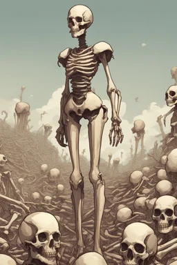 a bone yard with a tall android woman standing at the top of a pile of bones