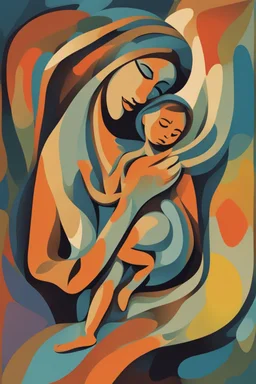 Mother holds her son , abstract style