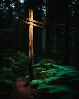 Old wooden signpost in a dark forest