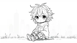 detailed manual graphic art style, cute mood, anime, detailed chibi face, sitting in modern-fantasy clothes, messy hair dreamline background, childbook style, detailed linework, highly detailed drawing, modern vibe, artwork, grayscale, no photorealism