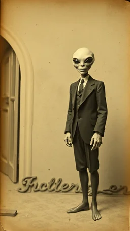 An old picture style of white and brown and very bad quality old camera with cracks of hitler standing with an Alien who is wearing a suit, the year 1900