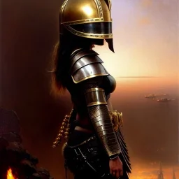 portrait 'Beautiful booty, Busty Blonde in black bra ',ancient metal armor and helmet ,painting by gaston bussiere, greg rutkowski, yoji shinkawa, yoshitaka amano, tsutomu nihei, donato giancola, tim hildebrandt, oil on canvas, cinematic composition, extreme detail,fit full head inside picture,16k