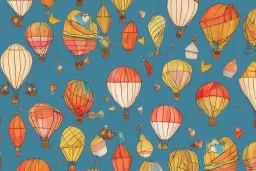 giftwrap pattern with watercolor of hot air balloons, children's book illustration, white parchment paper, wrapping paper, white linen, in the style of e. h. shepard, in the style of classic winnie the pooh