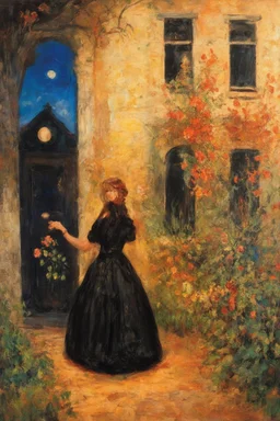 Night, vegetations, flowers, one woman, distant house, mistery, gothic horror films influence, hans thoma, and george iness paintings