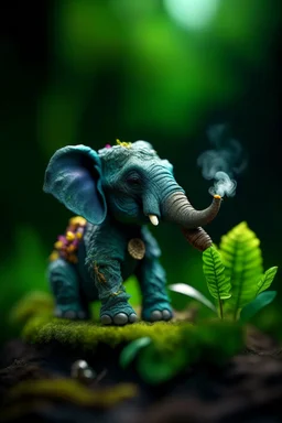 cute fluffy camo toy elephant jewelry in the room smoking a cigar in the style of pixar, on a strange planet with weird colors and waterfalls, bokeh like f/0.8, tilt-shift lens 8k, high detail, smooth render, down-light, unreal engine, prize winning