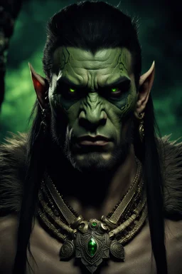 portrait of an orc king with pale skin. scar running across one eye. Tribal Tattoos Dark hair and green eyes. His look is sad. Half of his head is shaved. wearing jewellery. High resolution. 4K. 8K. Dark Fantasy style. Cave in the background