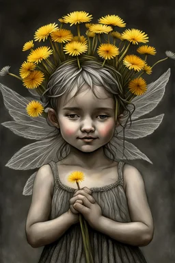 pencil and charcoal sketch of a cute happy little dandelion fairy girl, Mucha inspired emotional nature ephemeral sculptures of Andy Goldsworthy, tiny human form, essence captured as if created by surrealist photographer Noel S Osvald rendered in bright ombre colors, mixed with influences by John Bauer and Tim Burton, faded dark grey background, minimalistic art, with details that reflect advanced rendering techniques that push the drawing's realism even further Modifiers: trending on Artstation