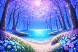 enchanted cosmic forest in spring with bright little flowers and little gems and crystals with a crystalline sea and beach