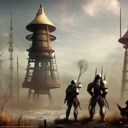 fallout 4, yurt city, bridge city, spray paint, mongols, chalk,chimney, antennas, sattelite dish,warhammer, fantasy game art