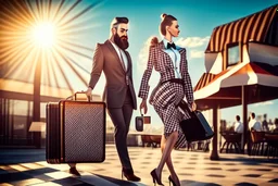 bearded man in elegant suit with checkered skirt on high heels standing next to a restaurant holding a laptop case in sunshine