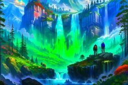 The land of scandinavia, forests, waterfall, travelers on their way, beautiful scenery, 8k, high detail, digital painting, concept art