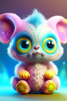 Alien round, chubby body covered in soft, pastel-colored fur,Their fur seems to emit a subtle glow,big, expressive eyes sparkle, ears are long and floppy, stylish, shiny jumpsuit with neon patterns and glowing accents,